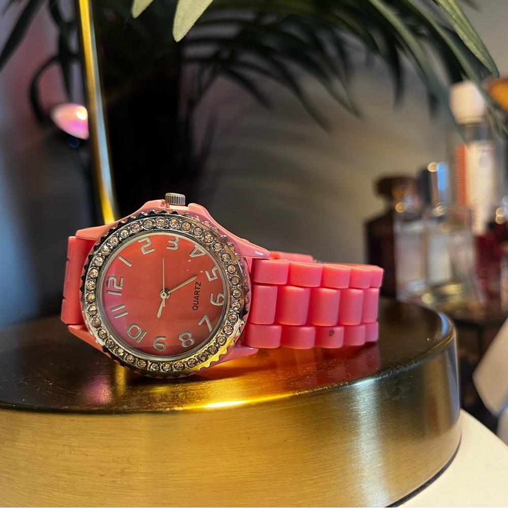 Bright Pink Quartz Watch with Rhinestone Accent Bezel